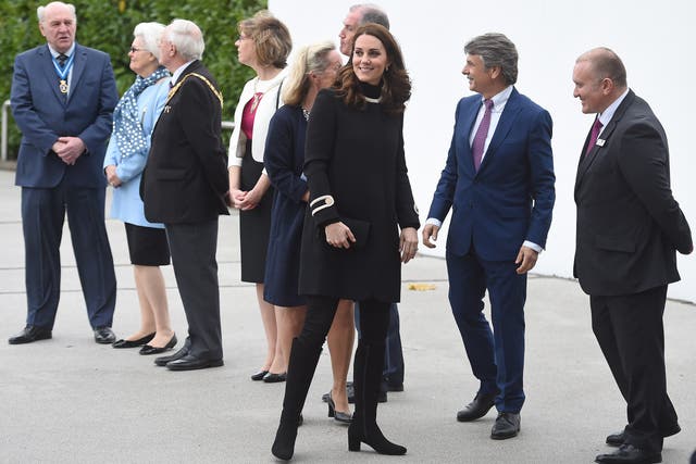 <p>Catherine, Princess of Wales, wears Russell & Bromley during a tour of Jaguar Land Rover in Birmingham in 2017</p>