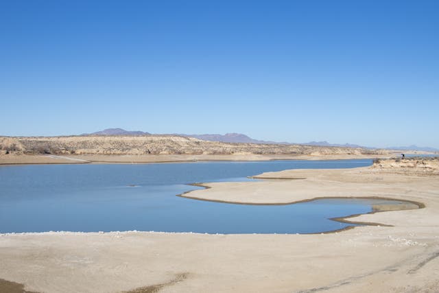 <p>Water levels are seen low at the Rye Patch Reservoir outside of Lovelock, Nevada, on Jan. 14</p>